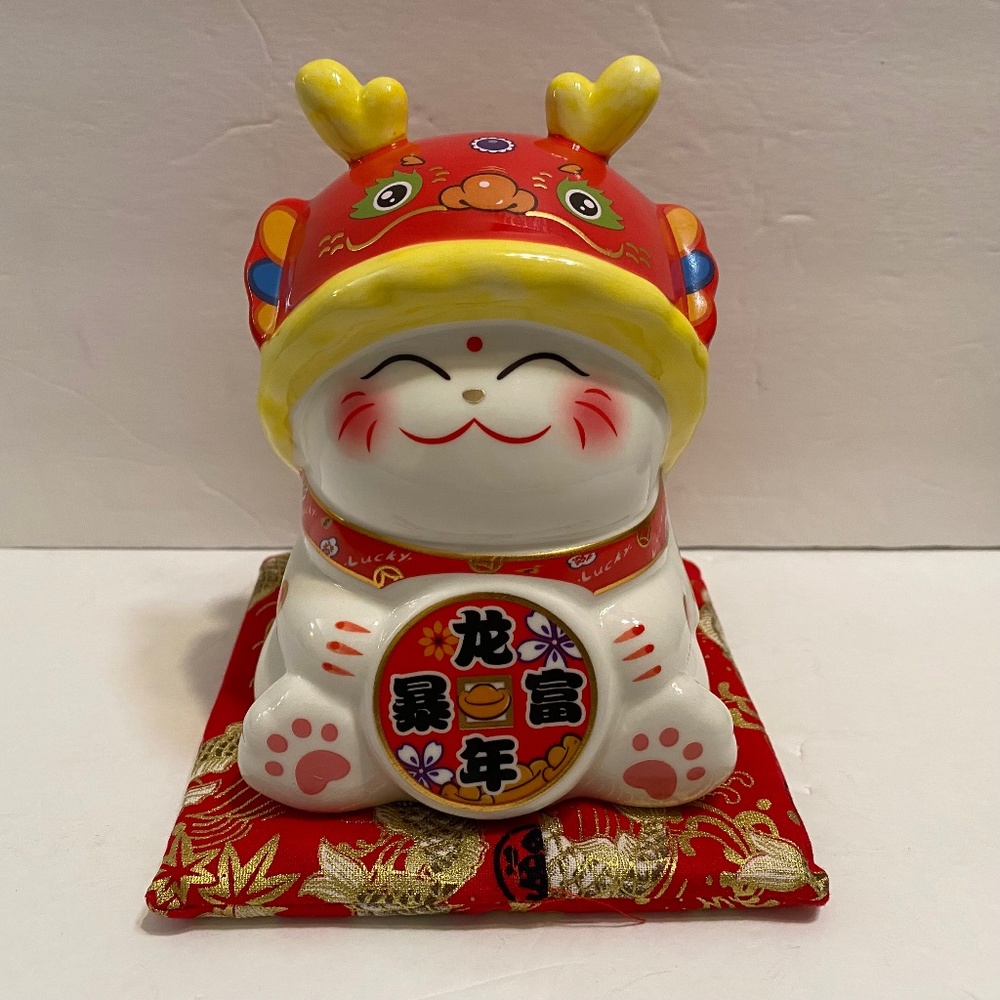 Cute Ceramic cat Coin Bank with dragon hat  Figurine , 2024 fortune statue!!